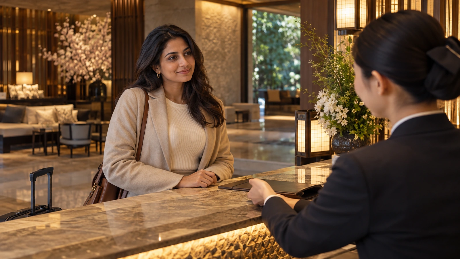 Una mujer habla cara a cara con personal de recepción del hotel en la elegante recepción de un hotel con mostradores de mármol y grandes arreglos florales; en el mostrador se ve una tableta o carpeta electrónica. La mujer lleva un abrigo claro de corte elegante.