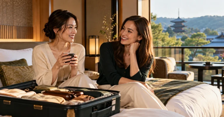 Two women smile and talk while seated together in a guest suite looking out toward a Japanese pagoda and nearby trees; a wheeled travel case is beside her.