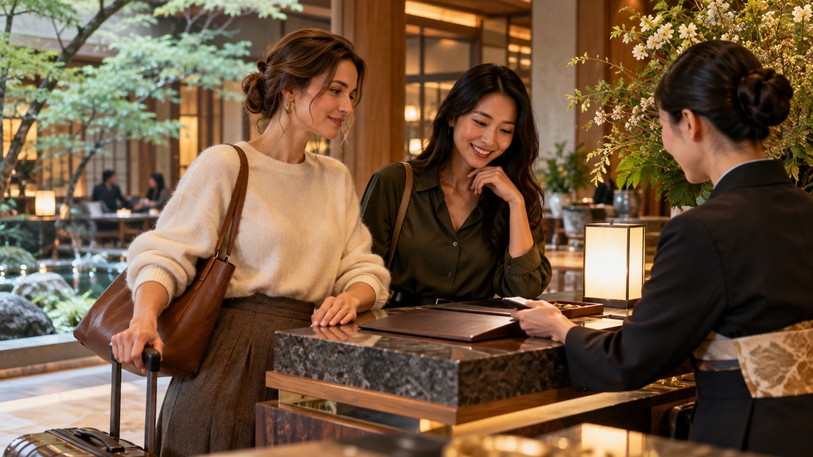Dos mujeres hablan juntas con una recepcionista al otro lado de un mostrador en un mostrador pulido de hotel junto a un patio japonés ajardinado; en el mostrador descansa una carpeta cerrada.