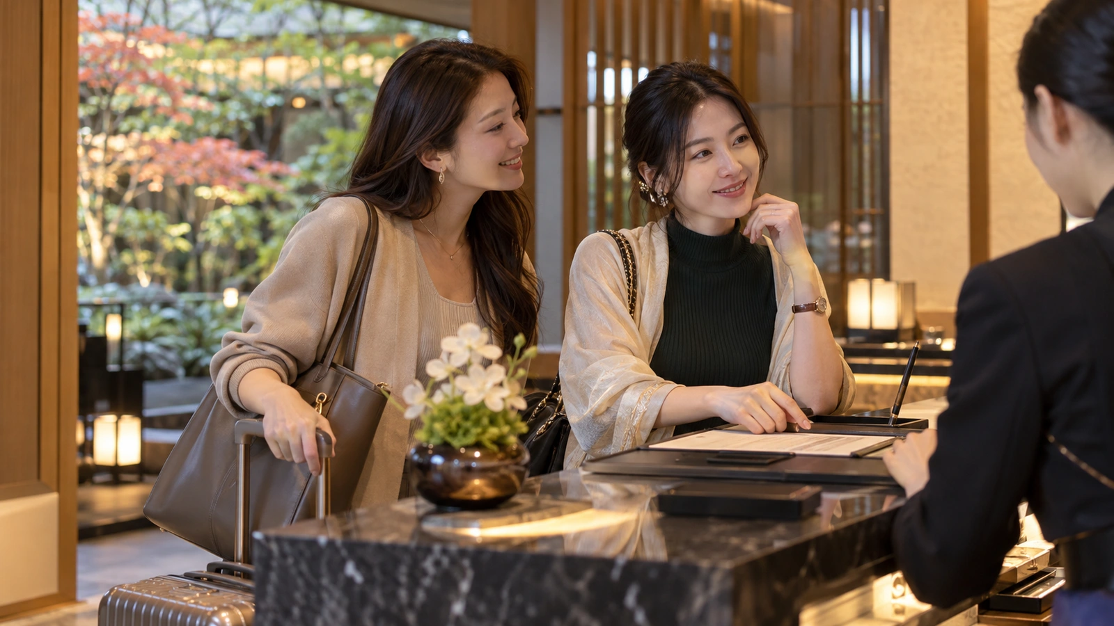 兩名女性一起在櫃檯前與飯店接待人員交談，場景是面向日式造景庭園、檯面光潔的飯店接待櫃檯；身旁放著一只附輪行李箱。
