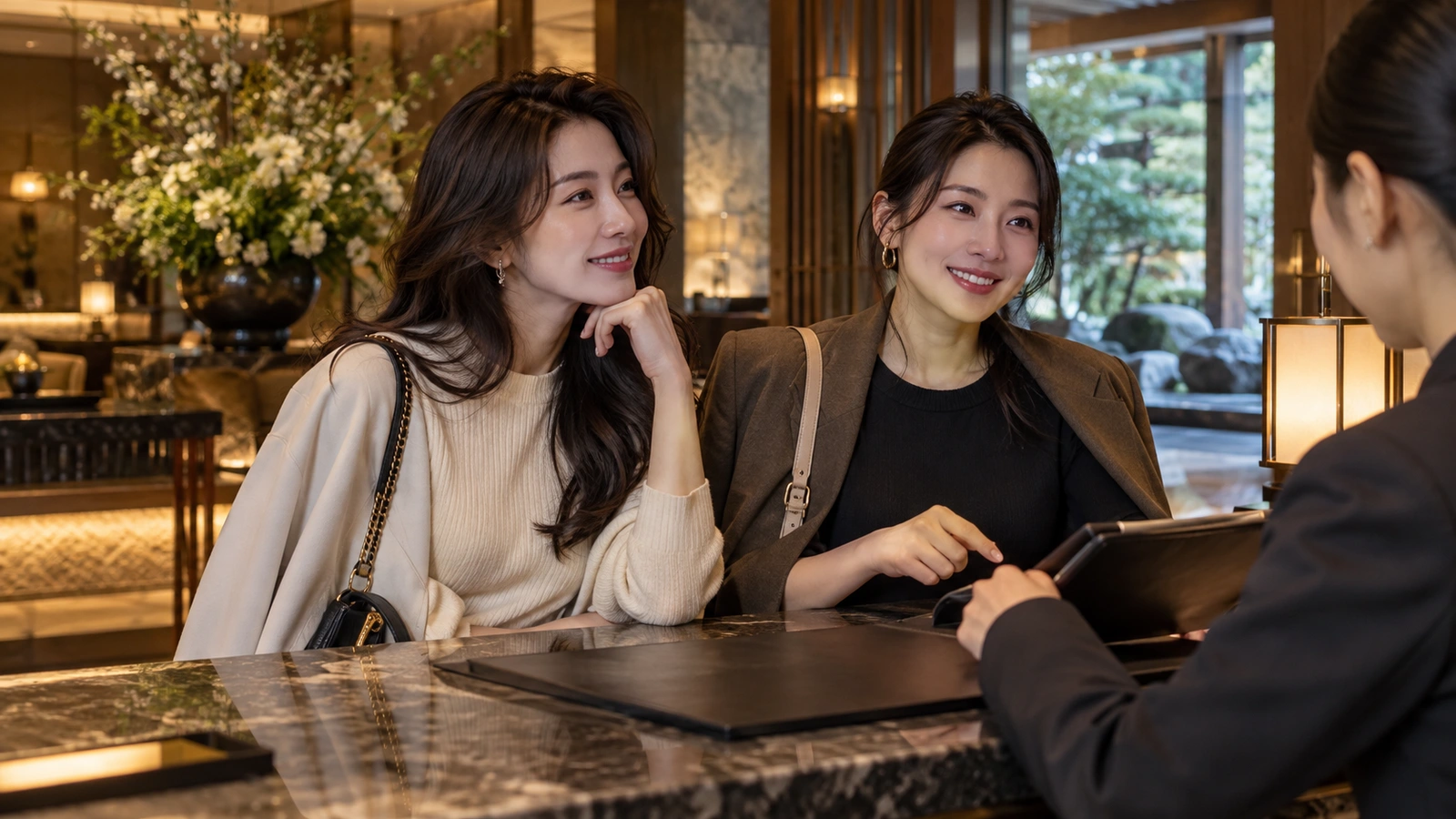 兩名女性一起在櫃檯前與飯店接待人員交談，場景是面向日式造景庭園、檯面光潔的飯店接待櫃檯；櫃檯上可見平板裝置或電子資料夾。