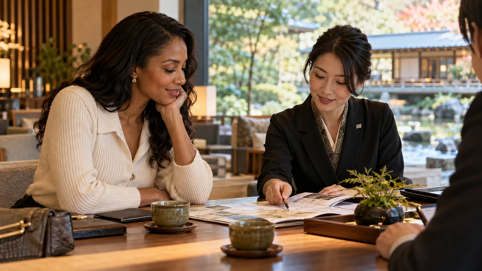 A woman reviews an illustrated brochure with another person in a quiet hotel lounge with soft seating and garden greenery; fresh blossoms and table lighting fill the background.