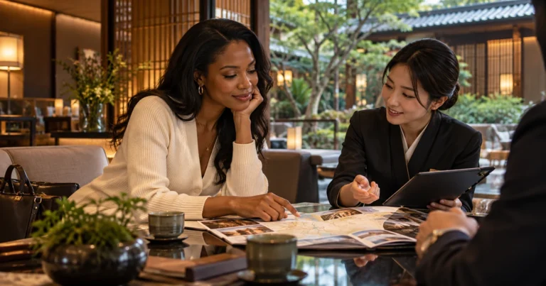 A woman reviews an illustrated brochure with another person in a quiet hotel lounge with soft seating and garden greenery; an open photograph-filled brochure lies on the table.