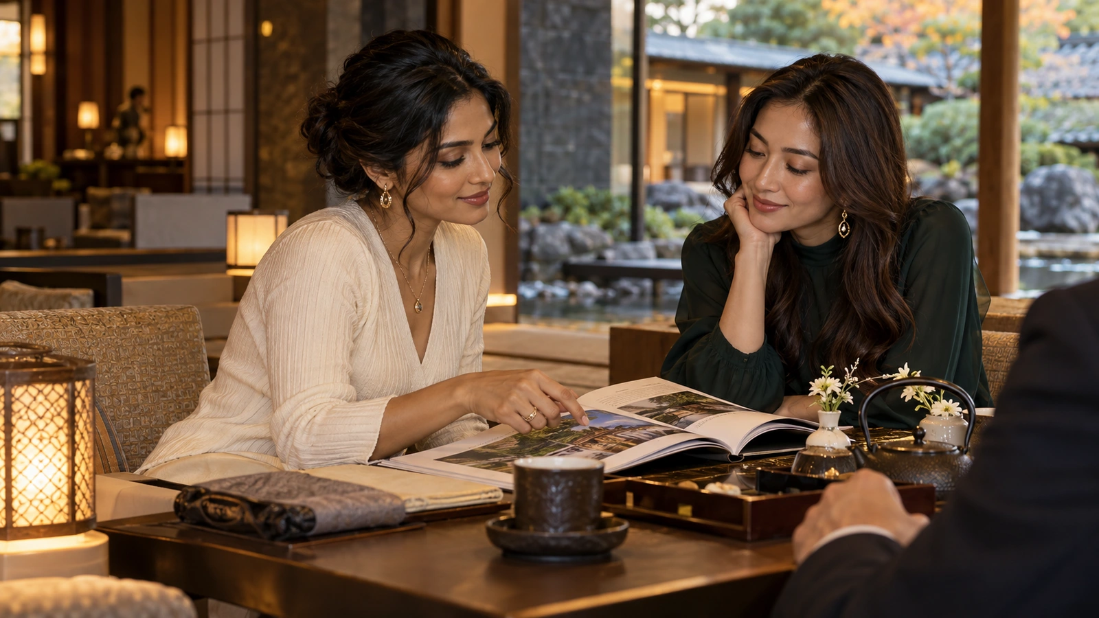 Dos mujeres se inclinan juntas para comparar fotografías en un folleto abierto en un tranquilo salón de hotel con asientos cómodos y vistas al jardín; una taza o tetera de cerámica completa la tranquila mesa.
