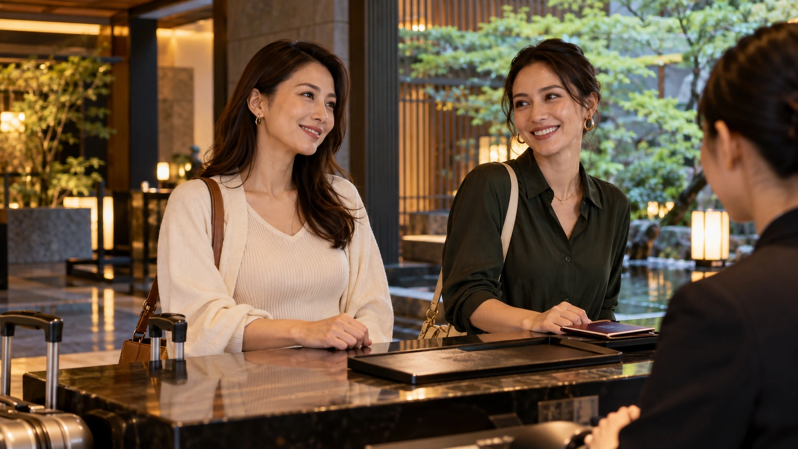 Two women talk with a hotel receptionist across a counter at a polished hotel reception desk beside a landscaped Japanese courtyard; a closed document folder rests on the counter.