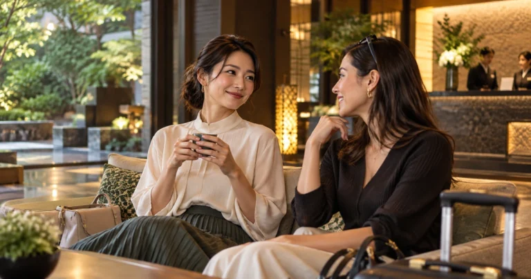 Two women smile and talk while seated together in a quiet hotel lounge with soft seating and garden greenery; a ceramic cup or teapot completes the quiet table setting.
