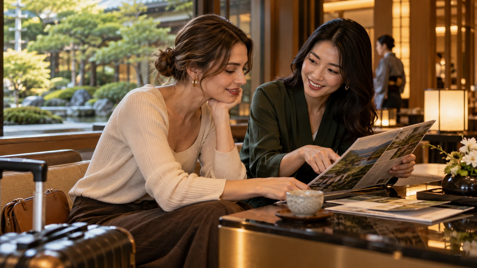Dos mujeres se inclinan juntas para comparar fotografías en un folleto abierto en un tranquilo salón de hotel con asientos cómodos y vistas al jardín; junto al asiento hay una revista de viajes y un bolso pequeño.