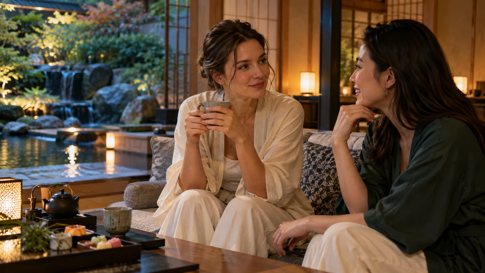 Dos mujeres sonríen y conversan sentadas juntas junto a un estanque de estilo japonés con caminos de piedra, plantas y faroles bajos; una taza o tetera de cerámica completa la tranquila mesa.