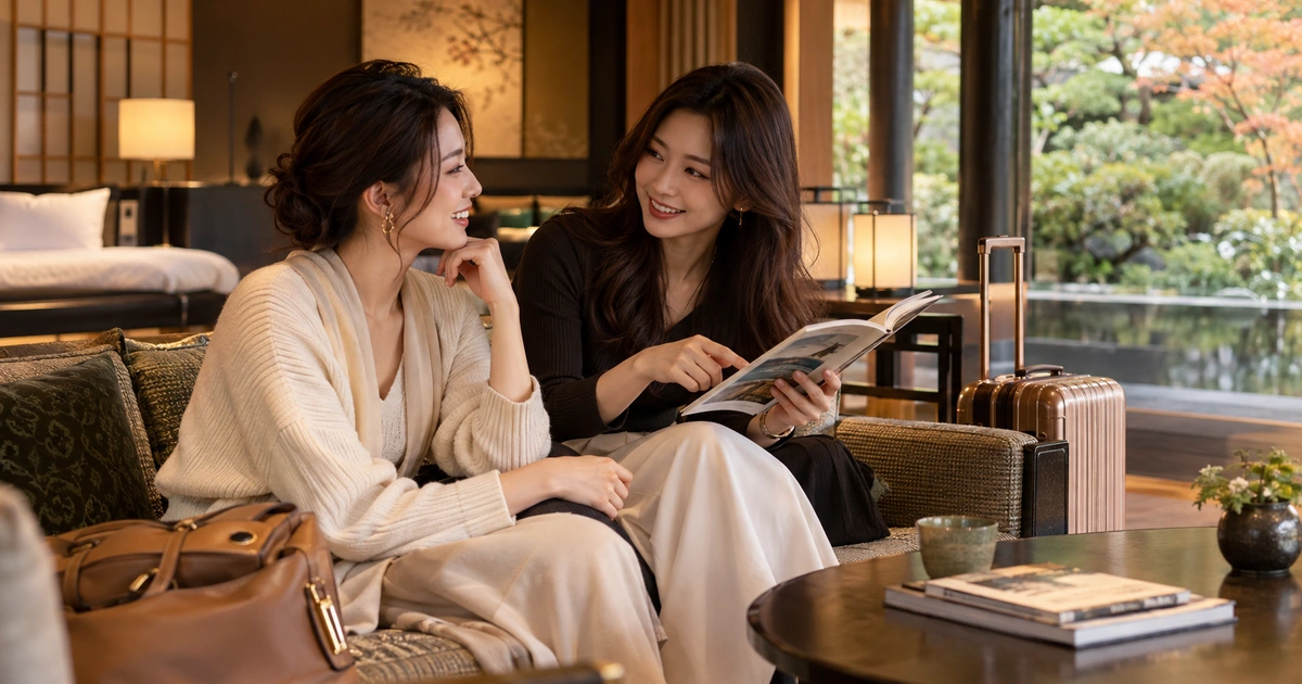 兩名女性靠近桌面，一起比較攤開圖冊裡的照片，場景是面向日式造景庭園、燈光柔和的飯店套房；桌上攤著一本圖文並茂的介紹冊。