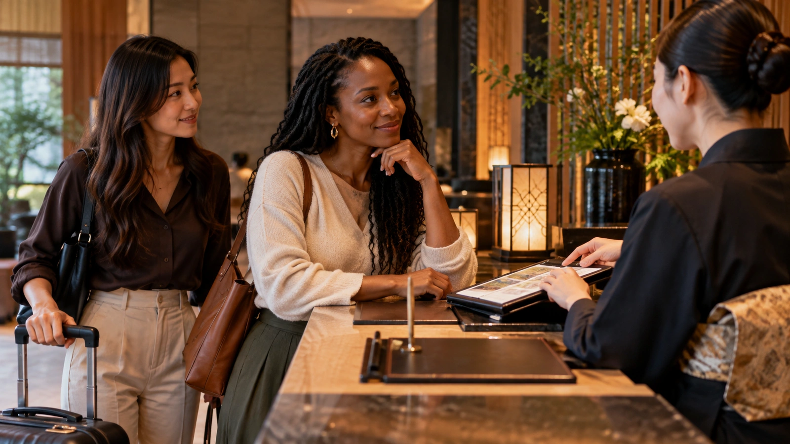 Two women talk with a hotel receptionist across a counter at a polished hotel reception desk beside a landscaped Japanese courtyard; a tall vase of branches and flowers stands by the counter.