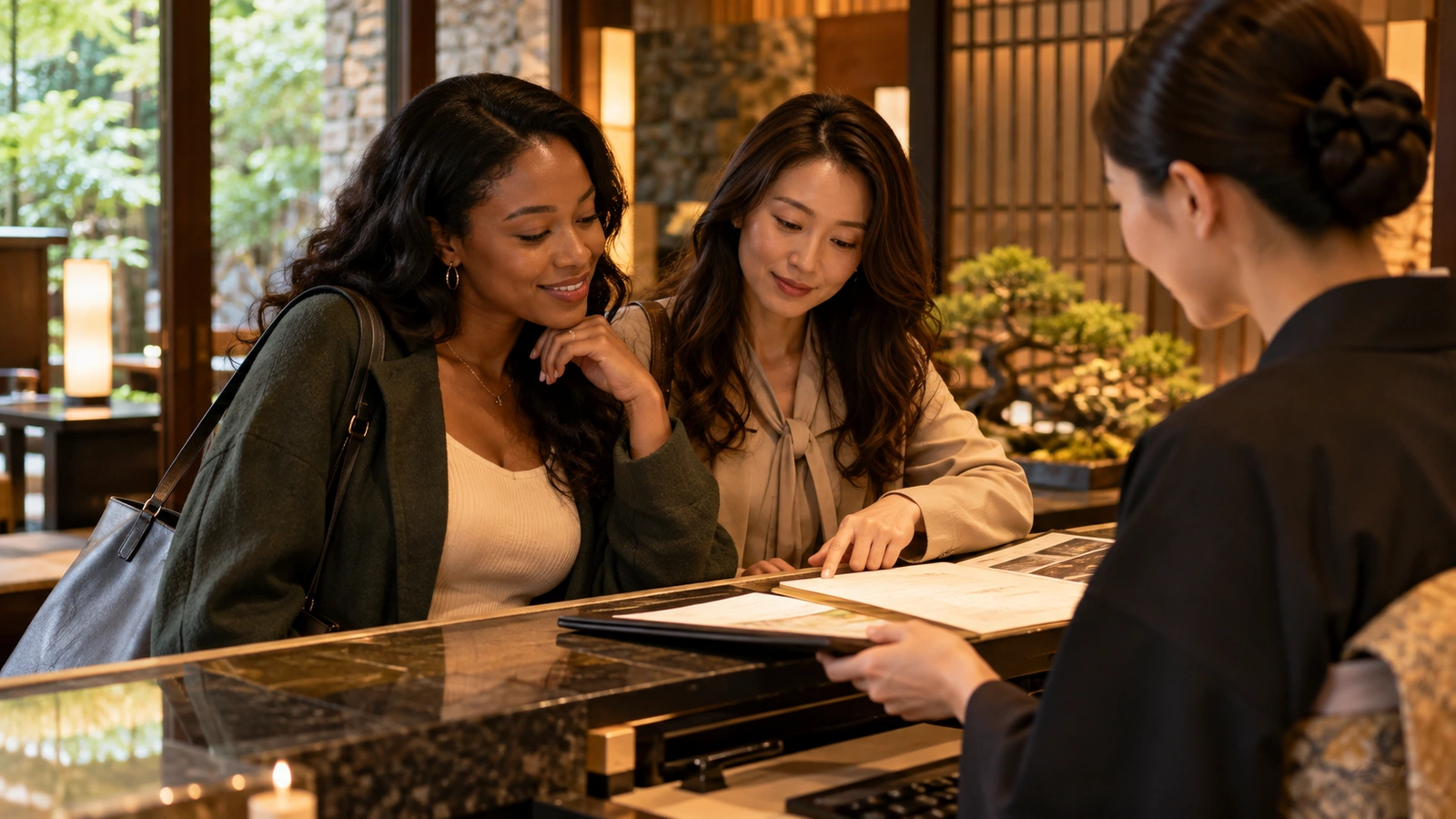Two women lean together to compare photographs in an open brochure at a polished hotel reception desk beside a landscaped Japanese courtyard; an open photograph-filled brochure lies on the table.