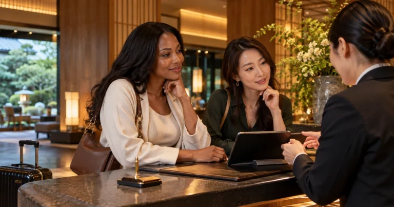 Two women talk with a hotel receptionist across a counter at a polished hotel reception desk beside a landscaped Japanese courtyard; a tablet or electronic folder is visible at the counter.