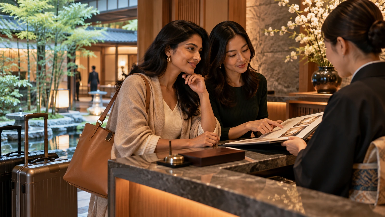 Dos mujeres se inclinan juntas para comparar fotografías en un folleto abierto en un mostrador pulido de hotel junto a un patio japonés ajardinado; sobre la mesa hay un folleto abierto lleno de fotografías.