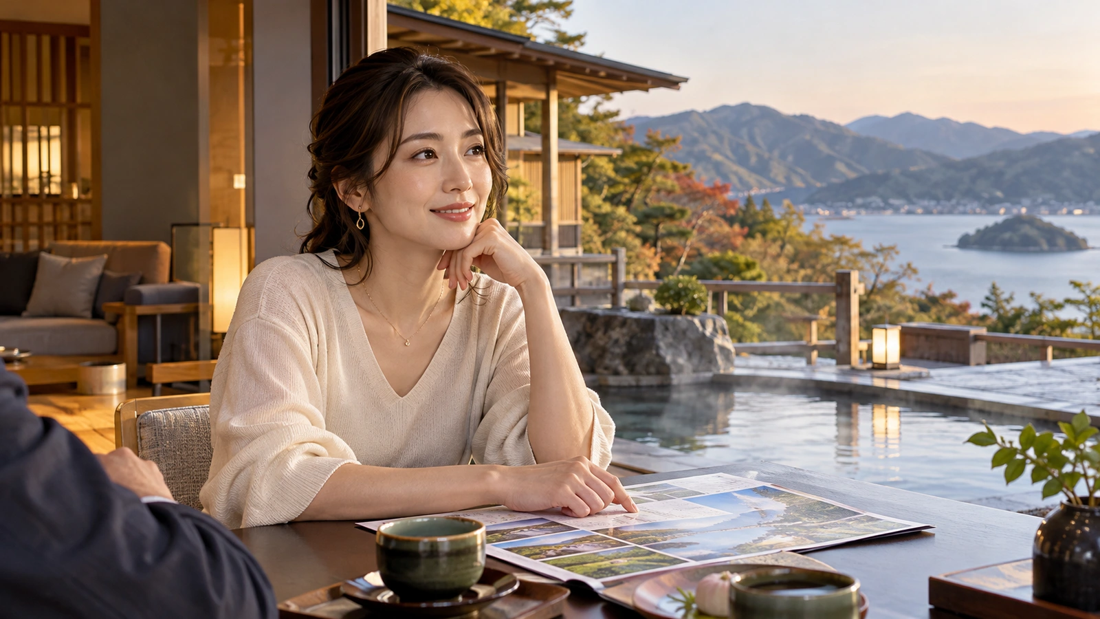 A woman reviews an illustrated brochure with another person on a resort terrace above a lake and forested hills; an open photograph-filled brochure lies on the table.