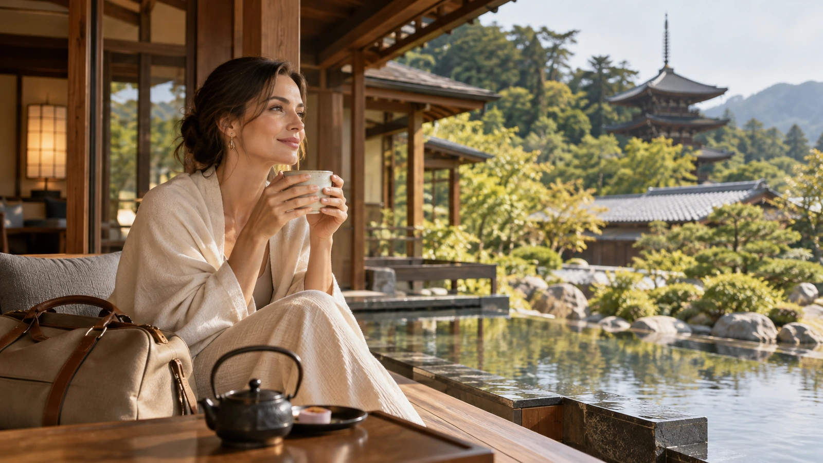 Una mujer sentada sostiene una taza de cerámica y contempla el entorno en una terraza con tejados de tejas y una pagoda de varios pisos al fondo; una taza o tetera de cerámica completa la tranquila mesa.
