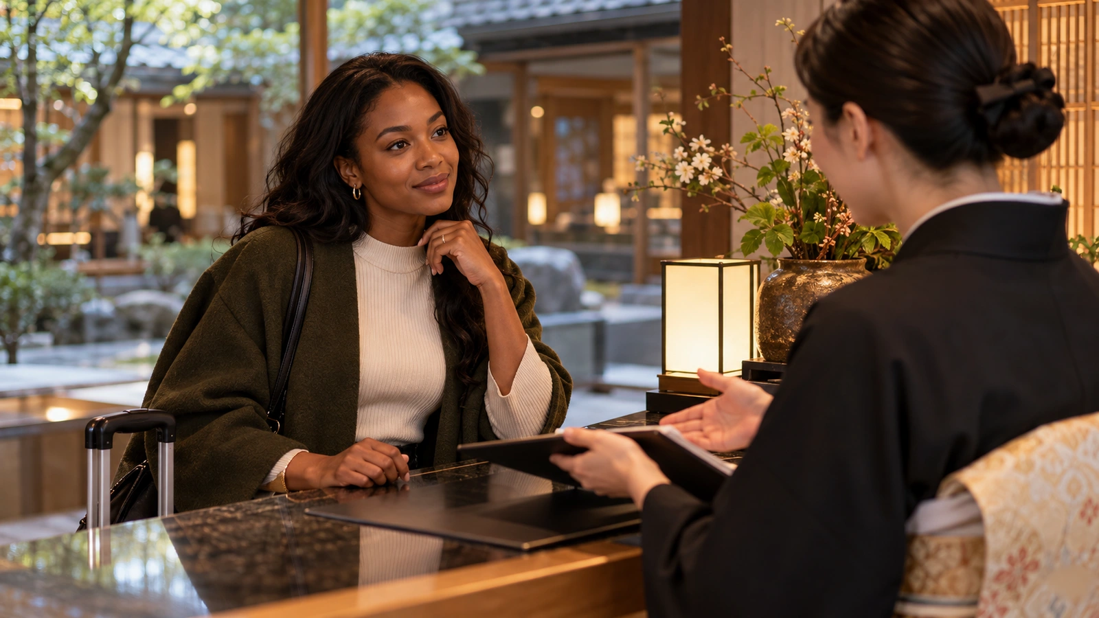 A woman speaks face to face with hotel reception staff at a polished hotel reception desk beside a landscaped Japanese courtyard; a closed document folder rests on the counter. The woman has long braids over her shoulders.