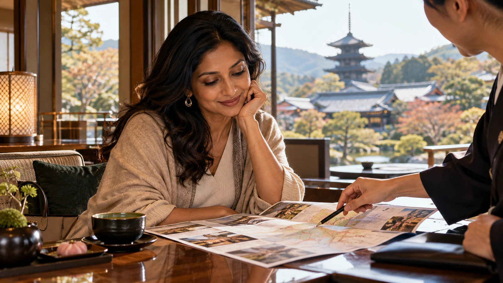 Una mujer revisa un folleto ilustrado con otra persona en una terraza con tejados de tejas y una pagoda de varios pisos al fondo; sobre la mesa hay un folleto abierto lleno de fotografías.