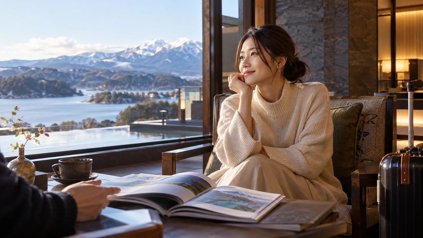 A woman reviews an illustrated brochure with another person in a mountain resort with snowy peaks and a winter lake visible outside; a ceramic cup or teapot completes the quiet table setting.