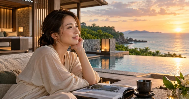 A woman studies an open travel brochure over tea on a coastal resort terrace overlooking water and small islands; an open photograph-filled brochure lies on the table.