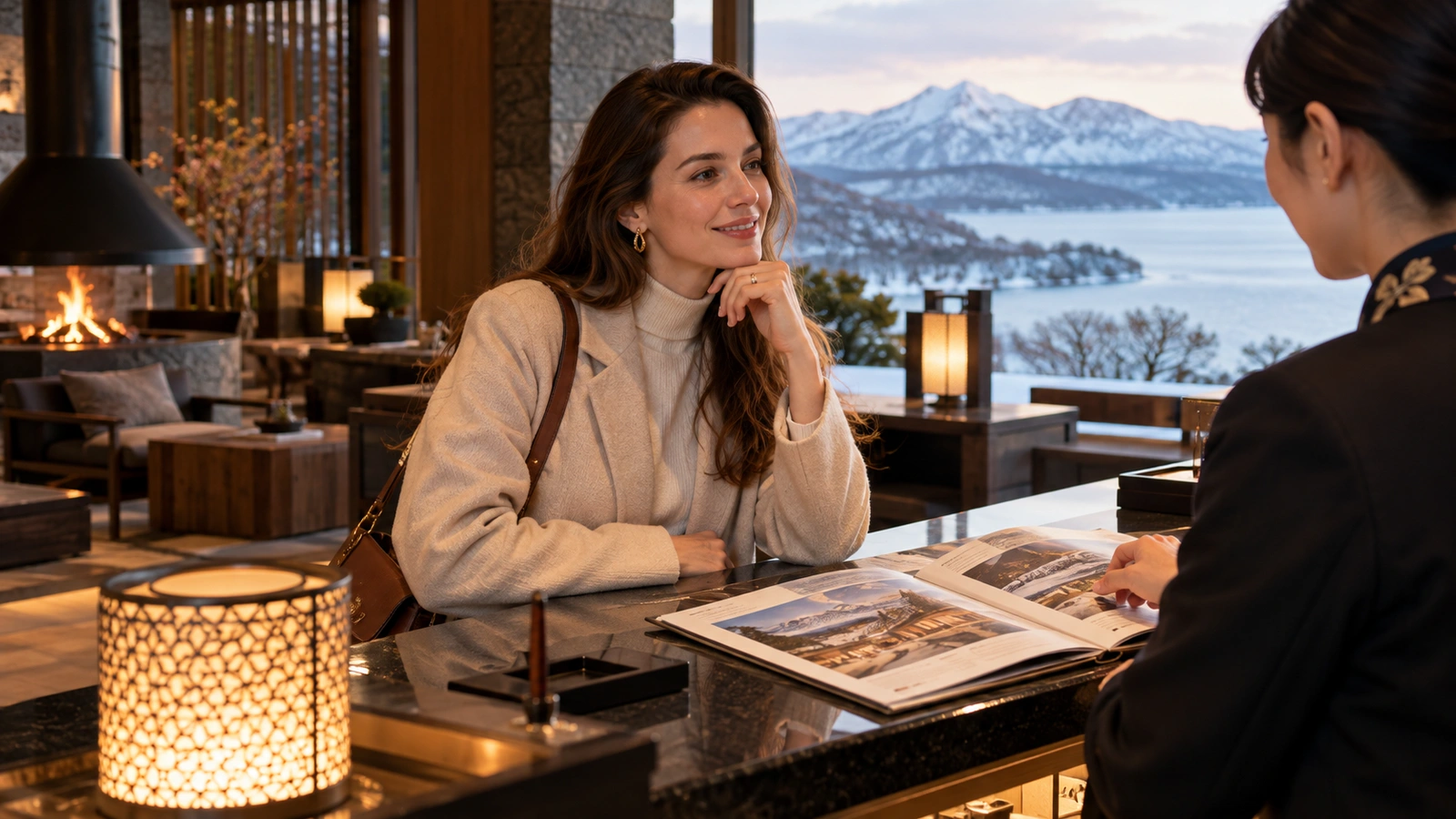 Una mujer revisa un folleto ilustrado con otra persona en un alojamiento de montaña con picos nevados y un lago invernal al fondo; sobre la mesa hay un folleto abierto lleno de fotografías.