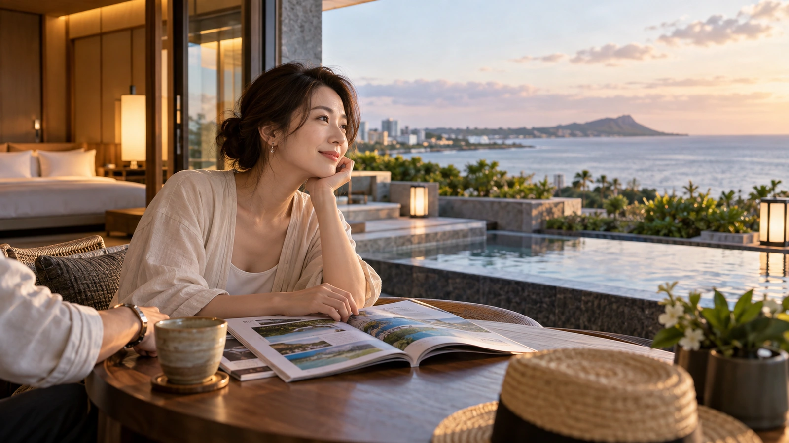 一名女性喝茶時仔細閱讀攤開的旅行圖冊，場景是可遠眺海面與小島的海濱度假露台；桌上攤著一本圖文並茂的介紹冊。