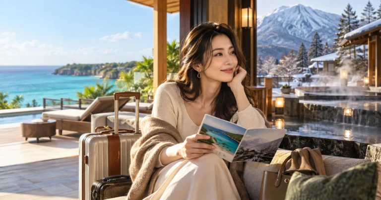 一名女性喝茶時仔細閱讀攤開的旅行圖冊,場景是同時可見海水與覆雪山峰的度假飯店環境;桌上攤著一本圖文並茂的介紹冊。