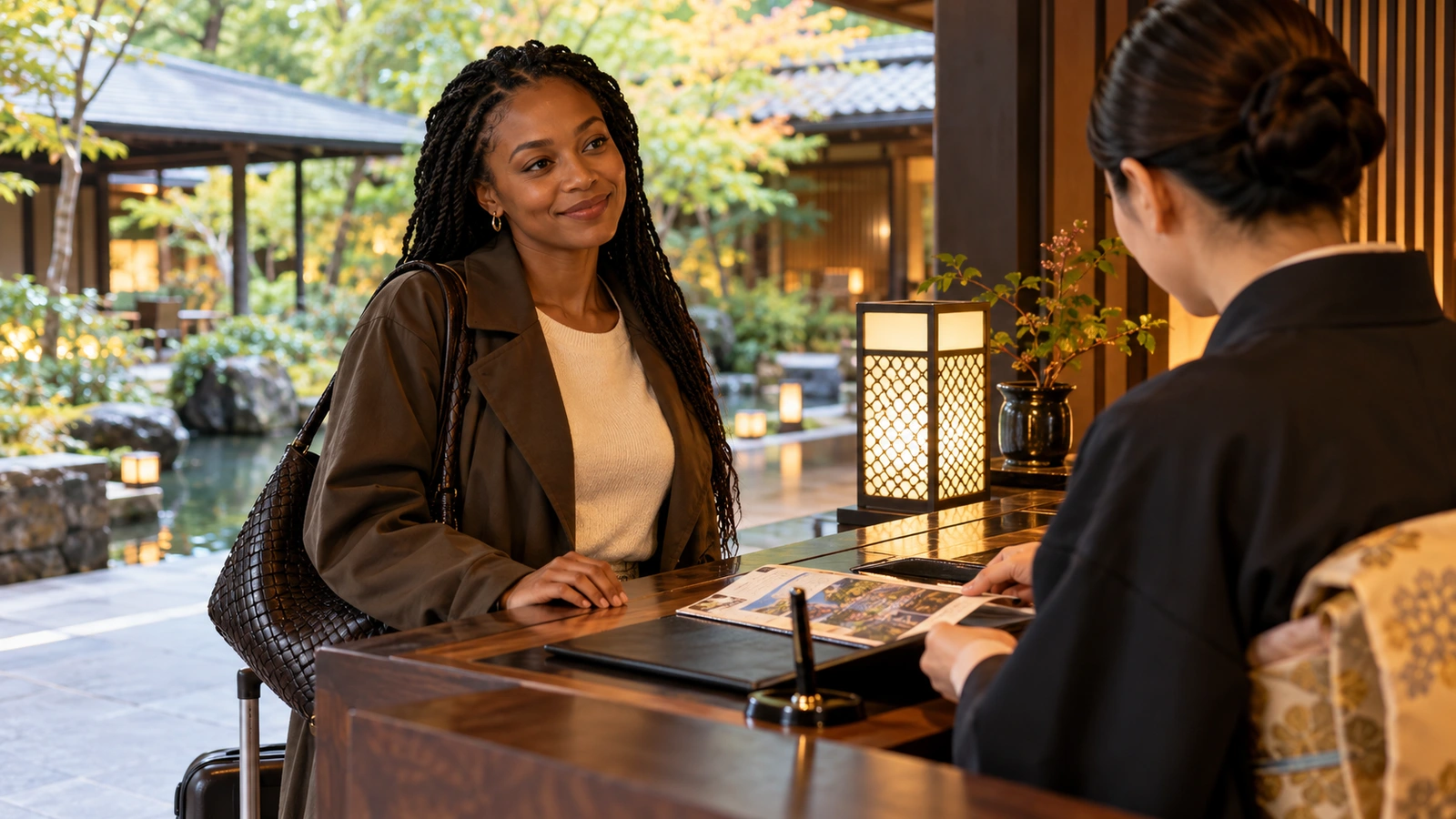 A woman speaks face to face with hotel reception staff at a polished hotel reception desk beside a landscaped Japanese courtyard; an open photograph-filled brochure lies on the table.