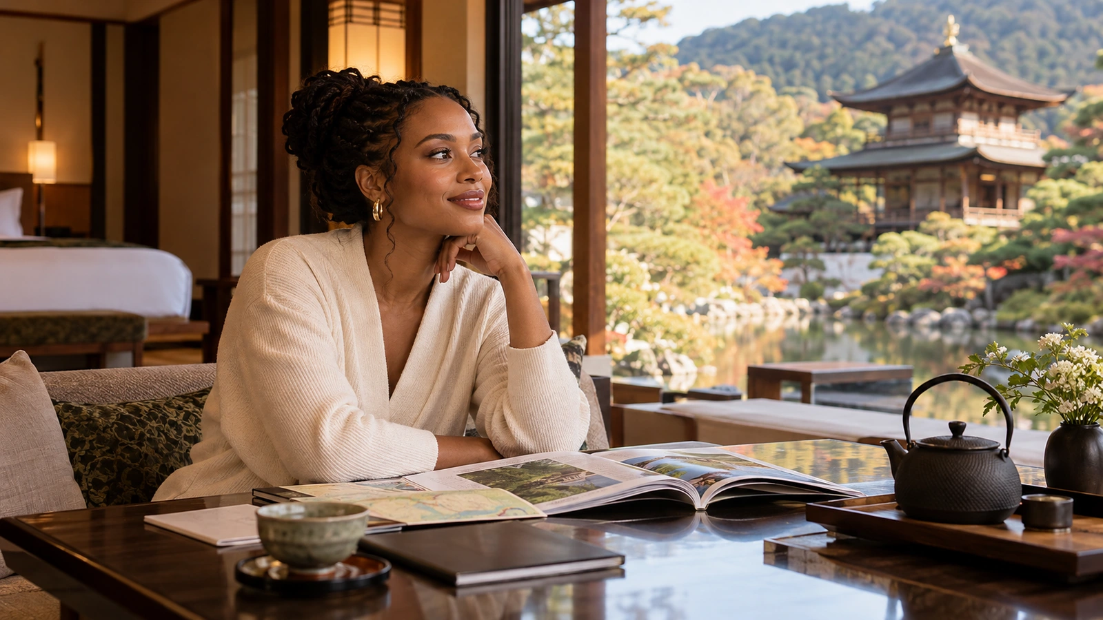 A woman reviews an illustrated brochure with another person in a guest suite looking out toward a Japanese pagoda and nearby trees; an open photograph-filled brochure lies on the table.