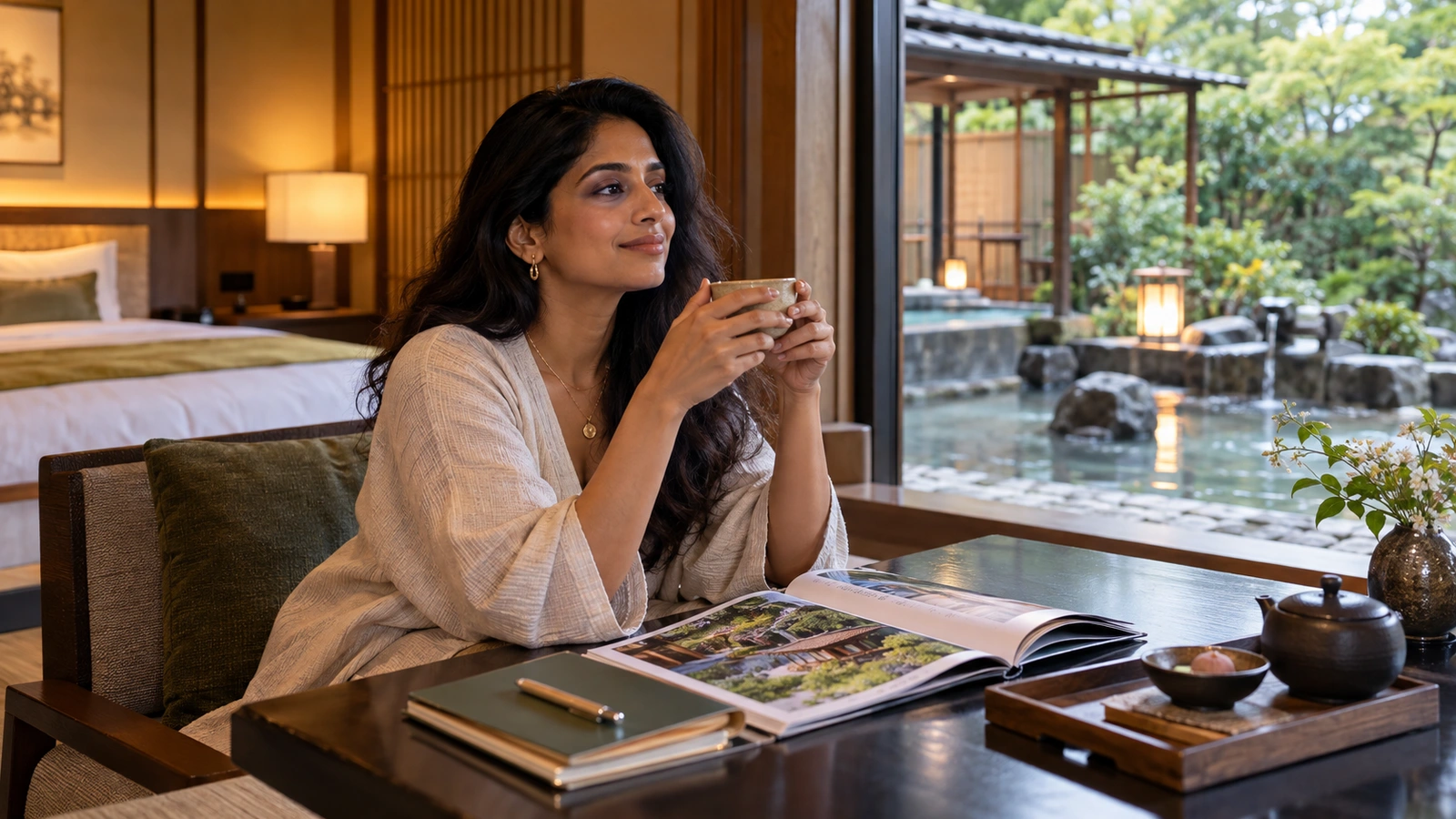 Una mujer sentada sostiene una taza de cerámica y contempla el entorno en una suite japonesa con un baño y un jardín al fondo; sobre la mesa hay un folleto abierto lleno de fotografías.