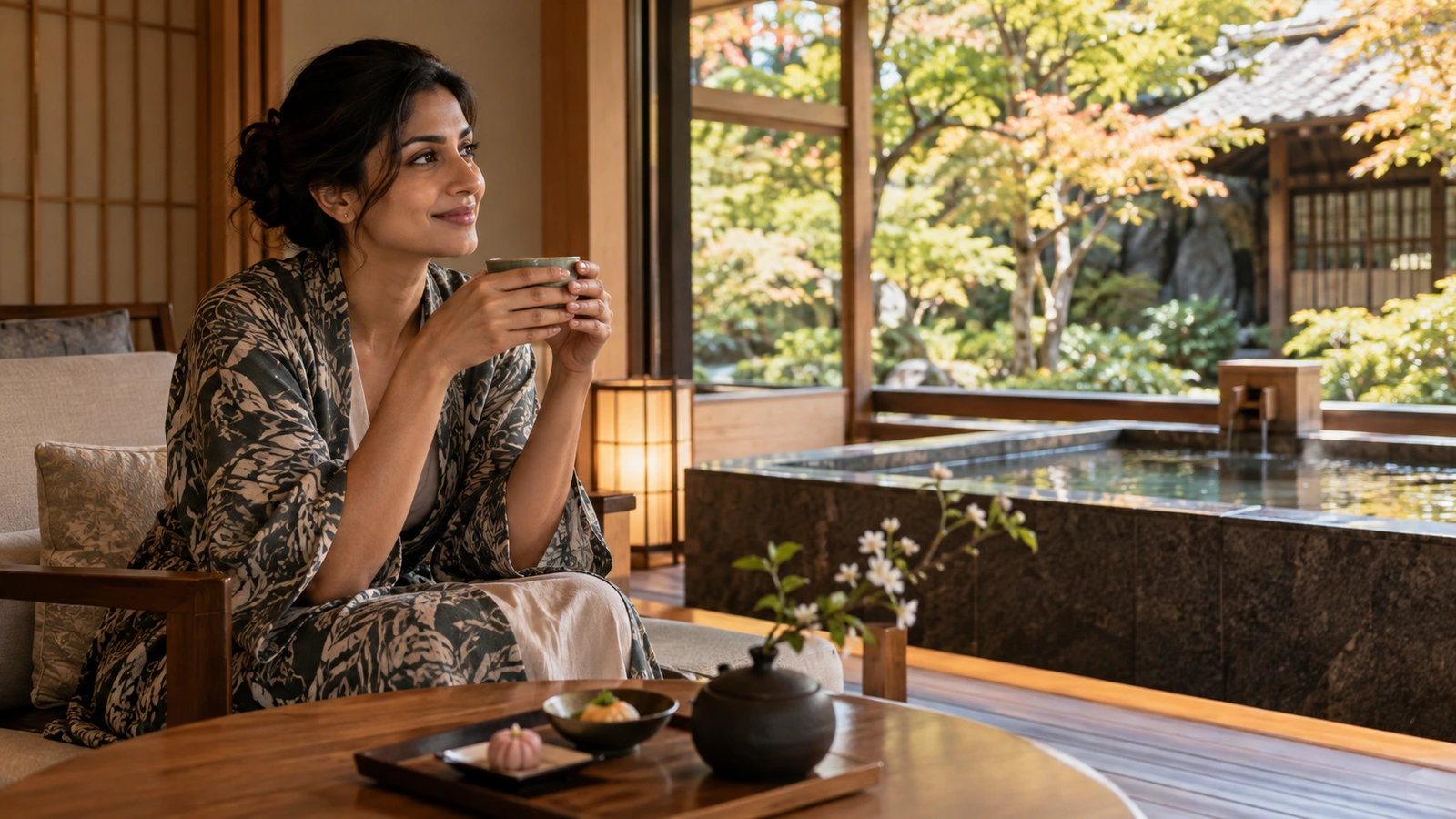 Una mujer sentada sostiene una taza de cerámica y contempla el entorno junto a un estanque de estilo japonés con caminos de piedra, plantas y faroles bajos; una taza o tetera de cerámica completa la tranquila mesa. La mujer lleva una bata japonesa estampada sobre los hombros.