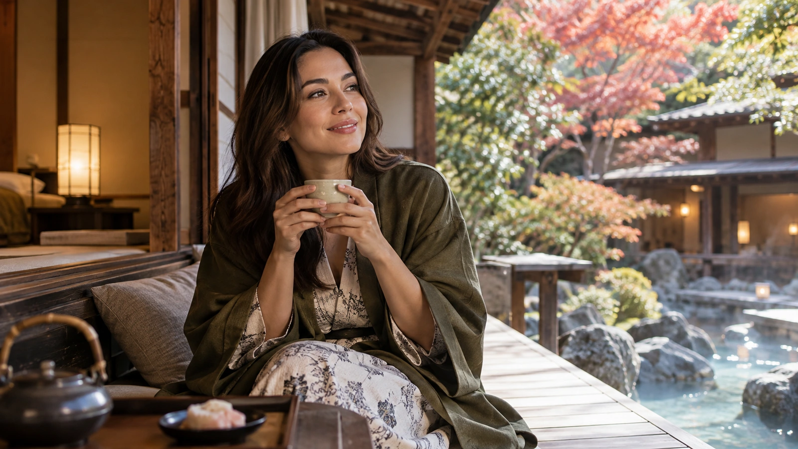一名坐著的女性手捧陶瓷茶杯,目光望向周圍景致,場景是可俯瞰岩石溪流與森林山坡的日式旅宿木質露台;手邊擺著茶壺與茶盤。