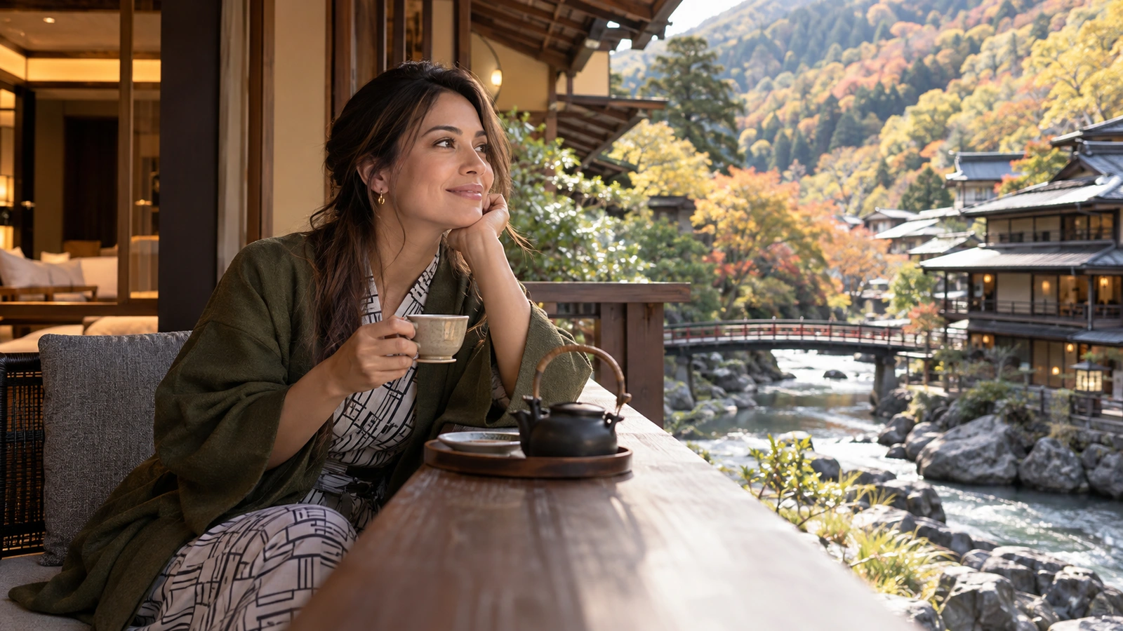 一名坐著的女性手捧陶瓷茶杯,目光望向周圍景致,場景是可俯瞰岩石溪流與森林山坡的日式旅宿木質露台;遠處有一座小橋橫越溪流。