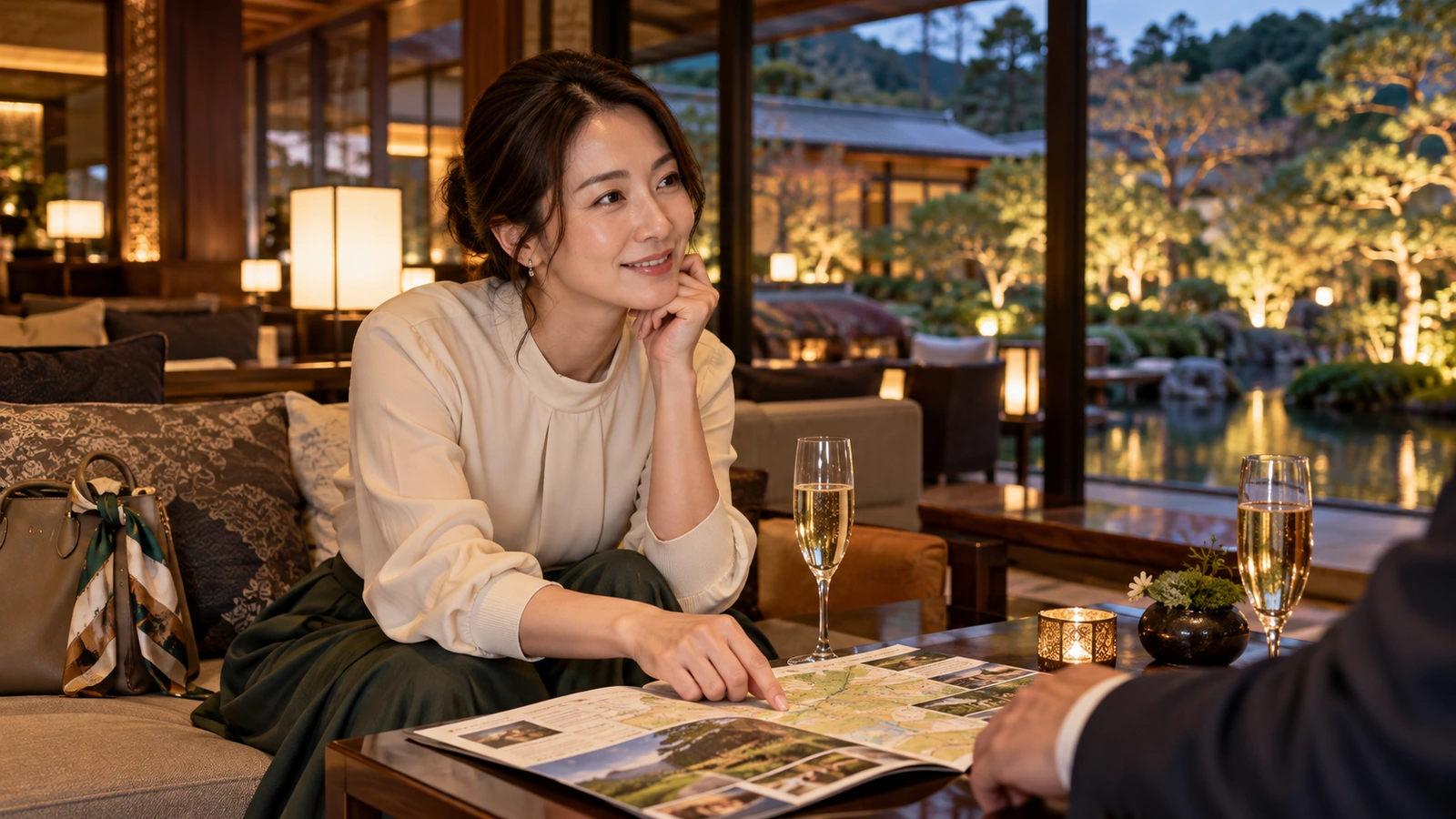 A woman listens as a partly visible person discusses a photo brochure in a quiet hotel lounge with soft seating and garden greenery; a tall glass and small flowers are arranged on the table.