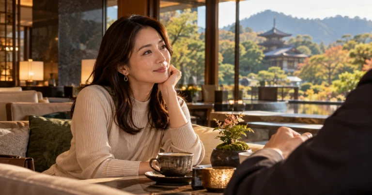 A woman rests her cheek on one hand and listens to a person nearby in an elegant lounge with a multistory Japanese pagoda in the distance; a ceramic cup or teapot completes the quiet table setting.