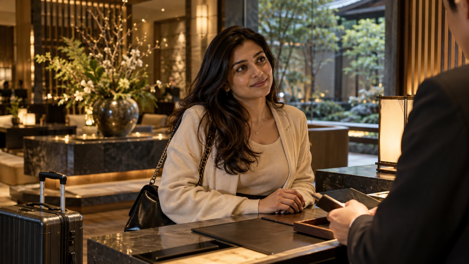 Una mujer habla cara a cara con personal de recepción del hotel en un mostrador pulido de hotel junto a un patio japonés ajardinado; junto a ella hay una maleta con ruedas.