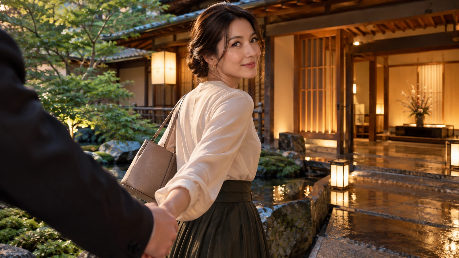 A woman turns back while holding the hand of someone just outside the frame beside a Japanese-style pond with stone paths, plants and low lanterns; a dark handbag is visible beside her.