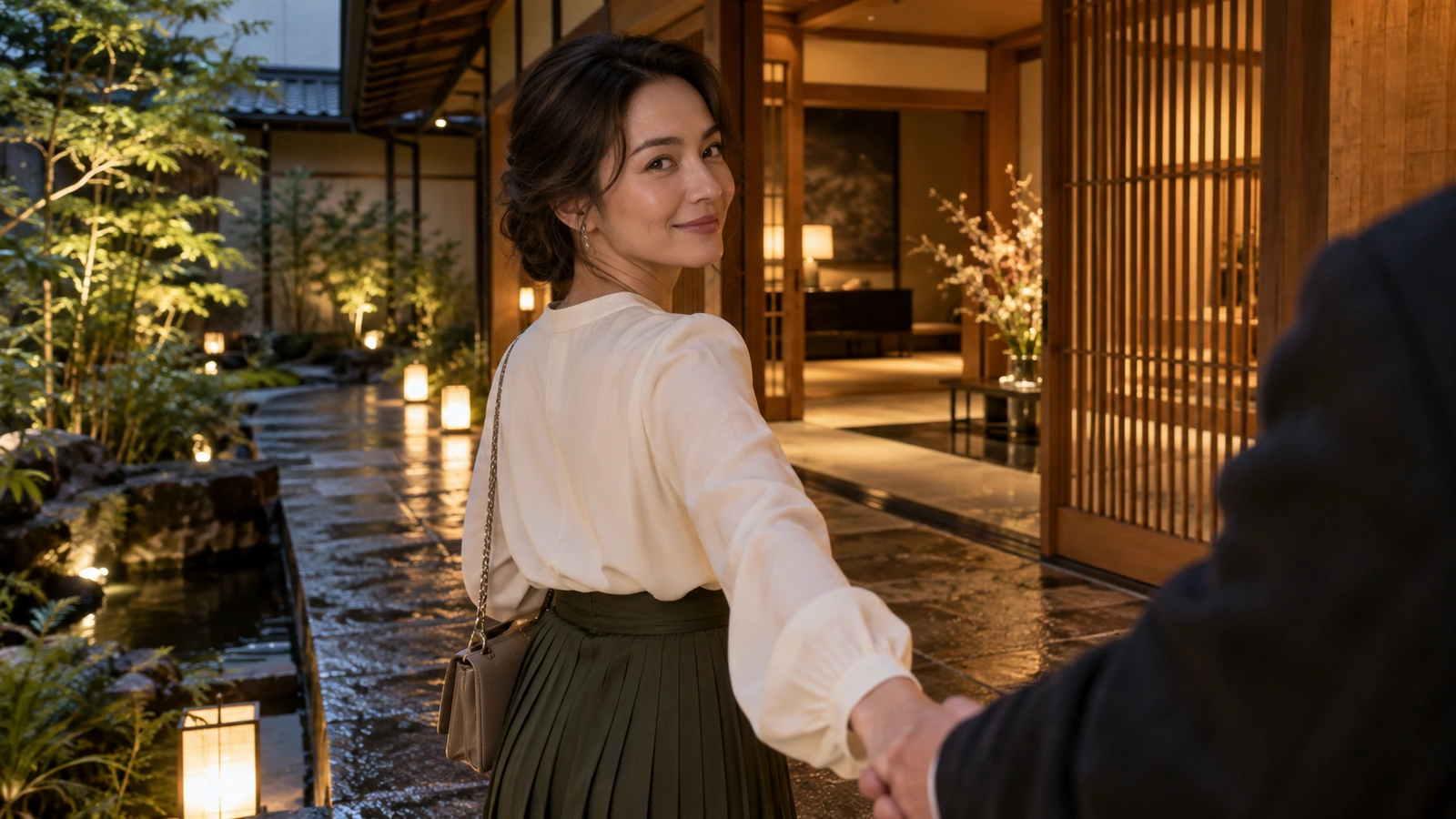 A woman turns back while holding the hand of someone just outside the frame beside a Japanese-style pond with stone paths, plants and low lanterns; fresh blossoms and table lighting fill the background.