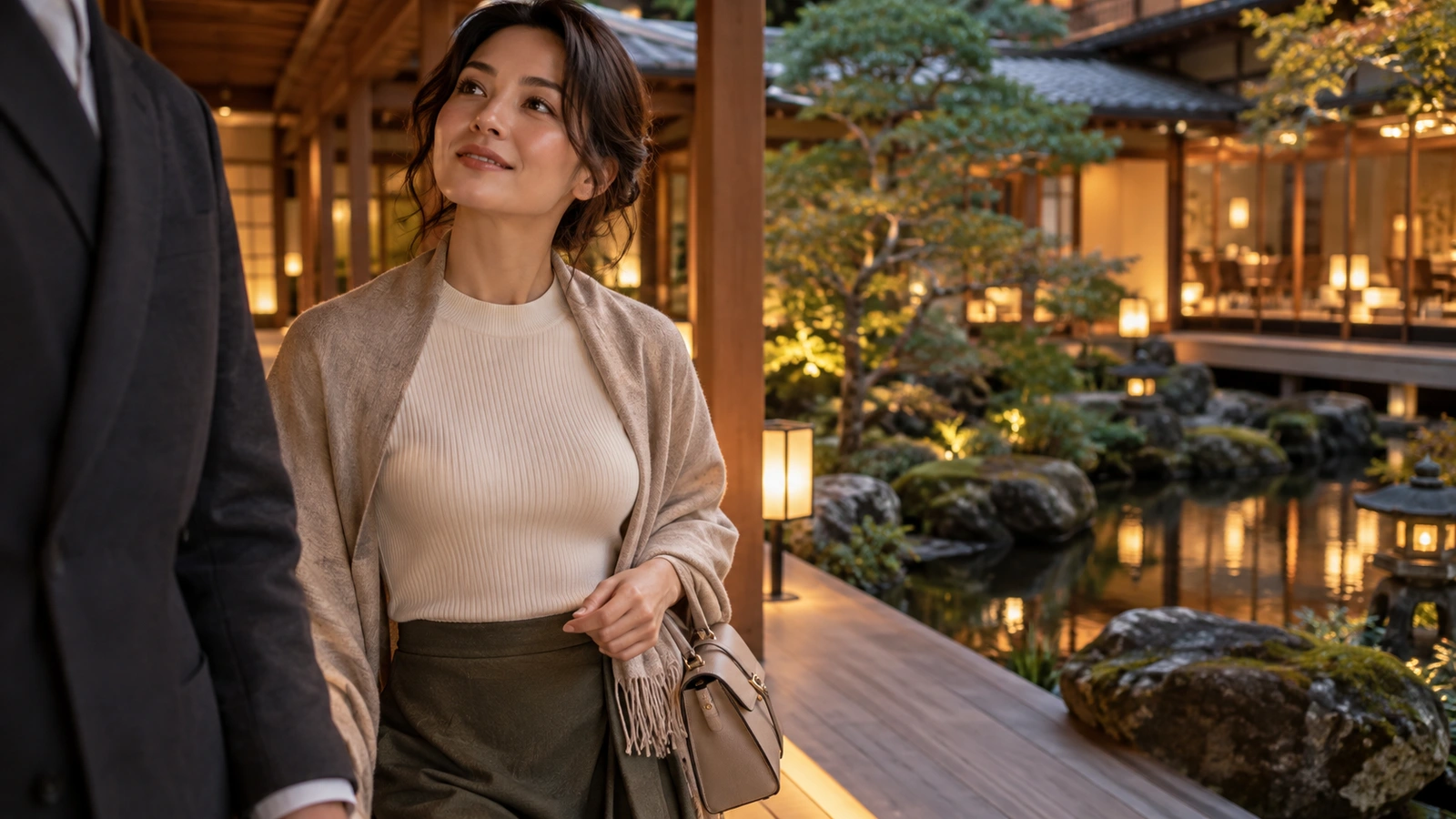 Una mujer se vuelve hacia un acompañante de traje parcialmente visible mientras caminan junto a un estanque de estilo japonés con caminos de piedra, plantas y faroles bajos; una taza o tetera de cerámica completa la tranquila mesa.