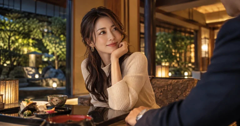一名女性單手托腮,專注聆聽身旁的人說話,場景是有柔軟座椅、窗外滿是綠意的安靜飯店休息區;前景擺著飲料杯與幾盤精緻小點。女性穿著淺米白色針織上衣。
