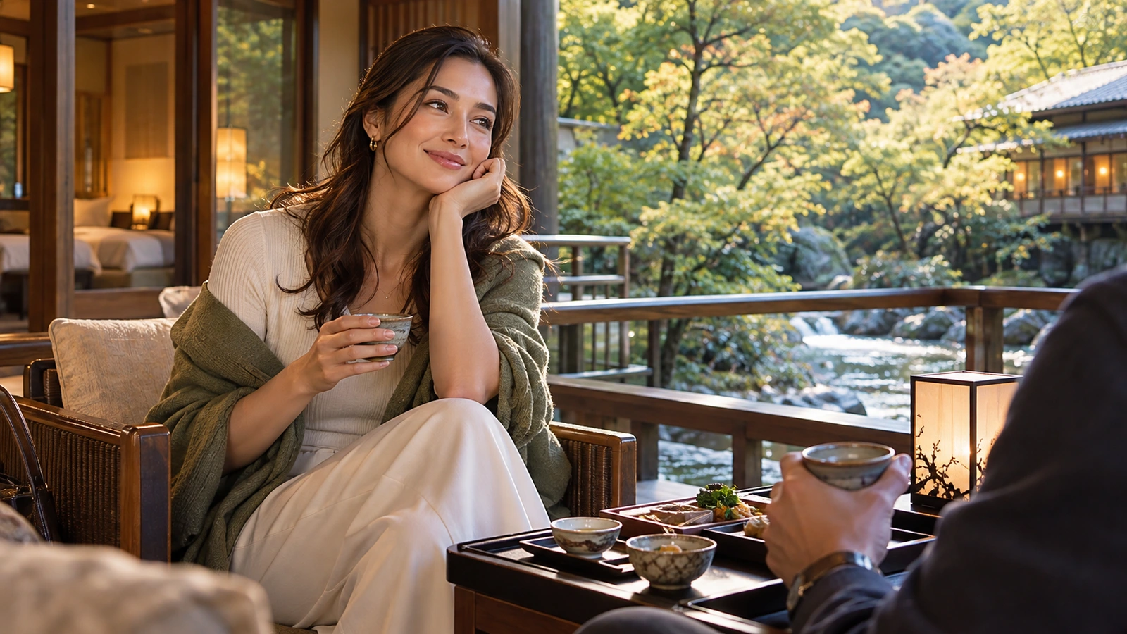 A seated woman holds a ceramic teacup and looks toward the view on a wooden inn terrace overlooking a rocky stream and wooded hills; a rocky stream and illuminated lodging buildings form the backdrop. The woman wears a light ivory knit top.