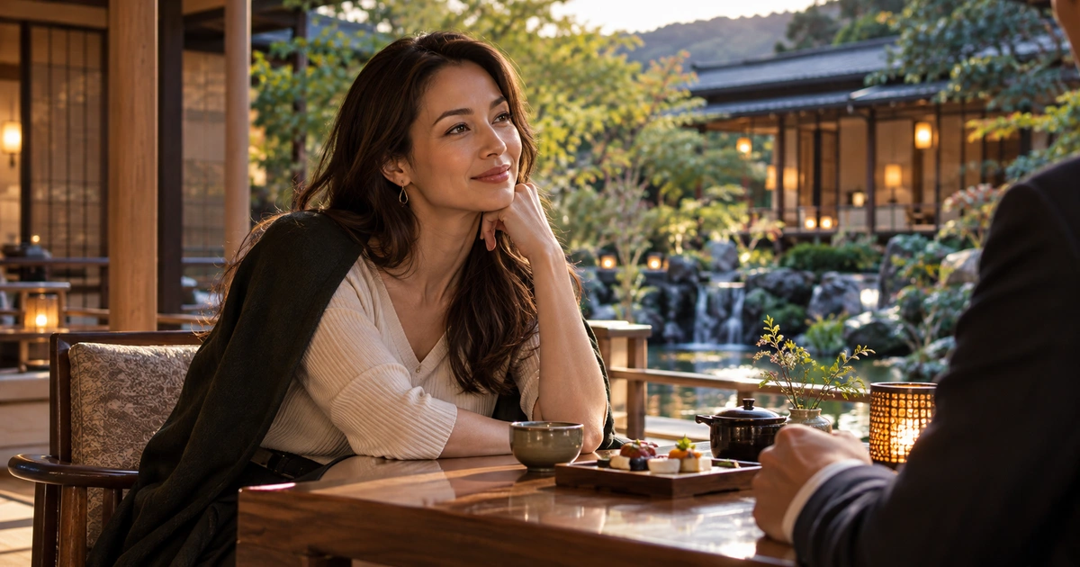 A woman rests her cheek on one hand and listens to a person nearby beside a Japanese-style pond with stone paths, plants and low lanterns; a ceramic cup or teapot completes the quiet table setting.