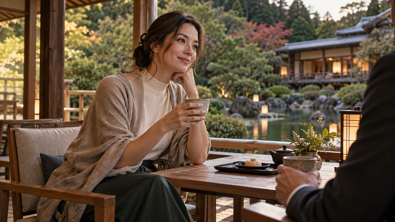 Una mujer sentada sostiene una taza de cerámica y contempla el entorno junto a un estanque de estilo japonés con caminos de piedra, plantas y faroles bajos; una taza o tetera de cerámica completa la tranquila mesa. La mujer lleva una blusa de tono crema.