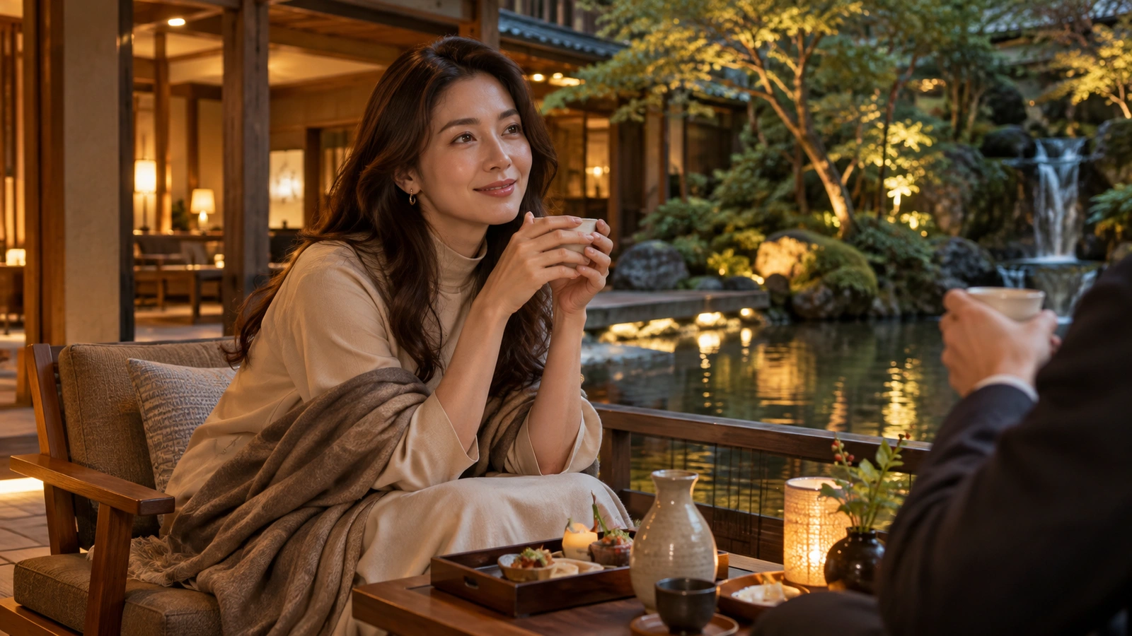 Una mujer sentada sostiene una taza de cerámica y contempla el entorno junto a un estanque de estilo japonés con caminos de piedra, plantas y faroles bajos; a su alcance hay una tetera y una bandeja de té.