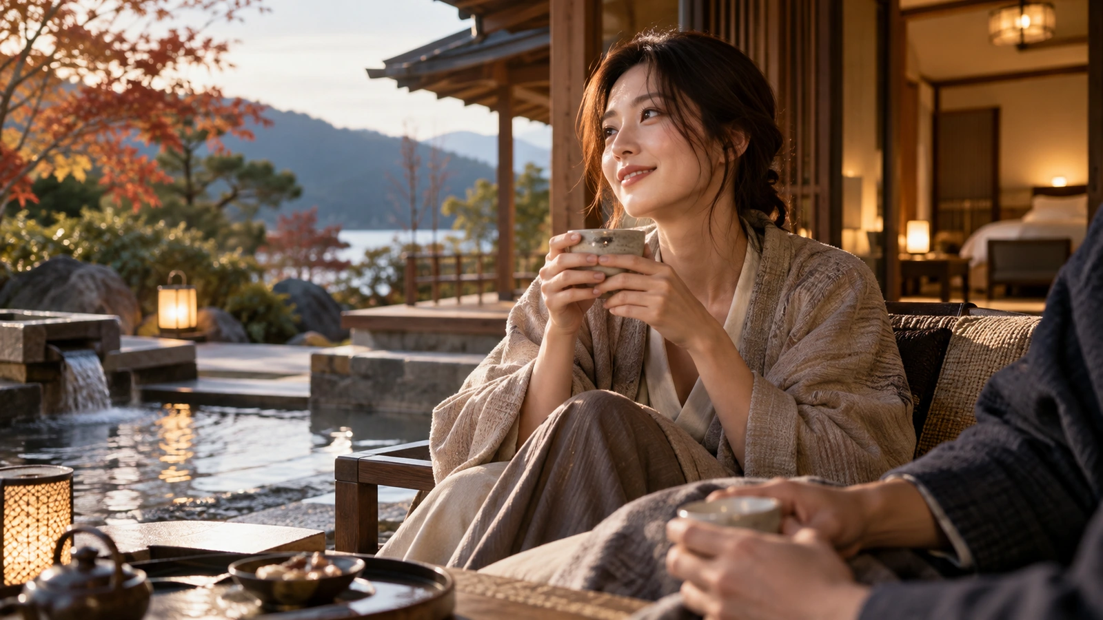 一名坐著的女性手捧陶瓷茶杯,目光望向周圍景致,場景是可俯瞰岩石溪流與森林山坡的日式旅宿木質露台;背景可見岩石溪流與點燈的旅宿建築。