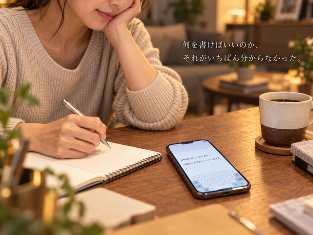 ノートとスマートフォンを前に、女性用風俗への問い合わせ文章を考える女性