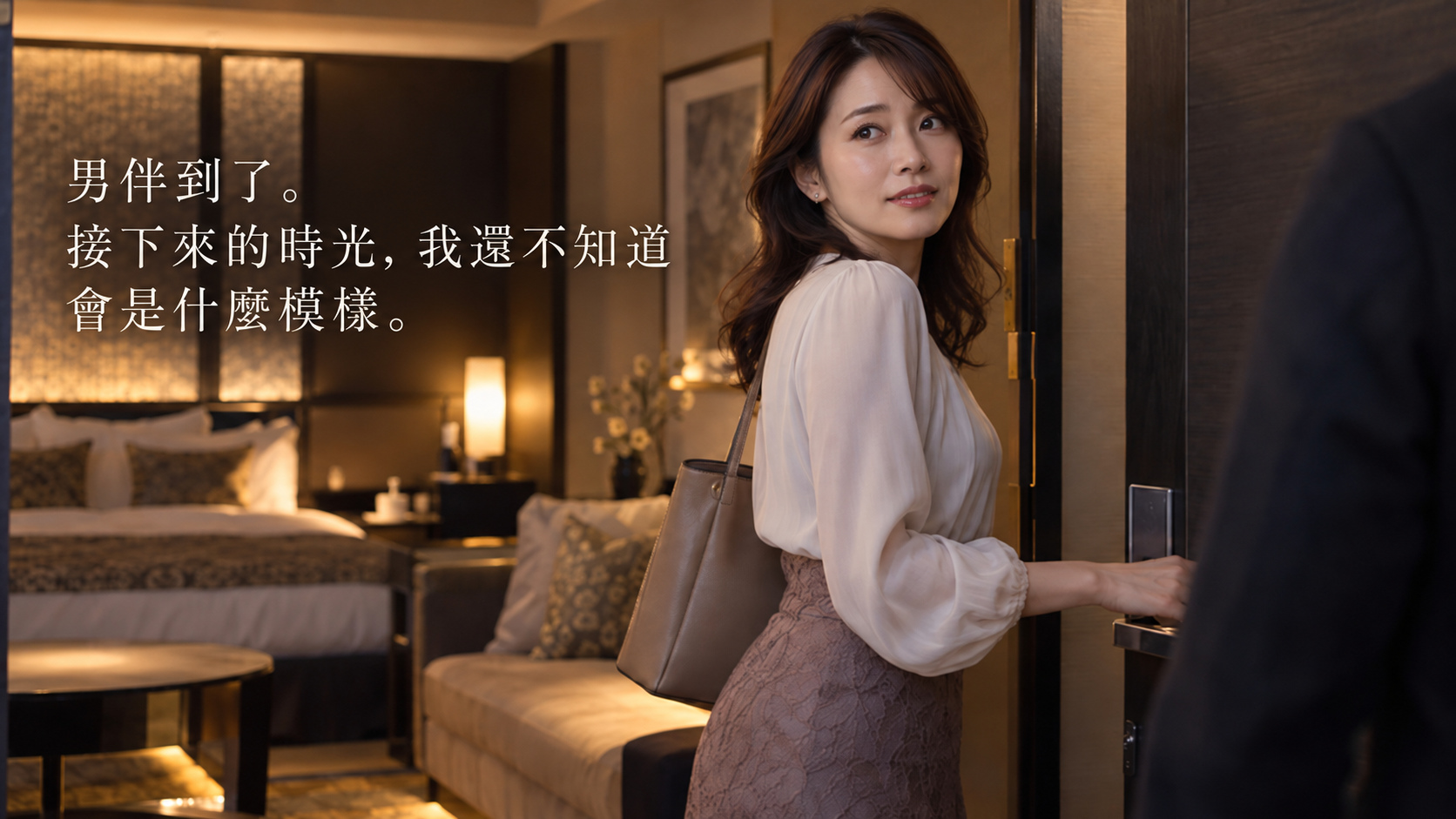 一位女性站在旅館房門旁，迎接剛抵達的男性服務人員