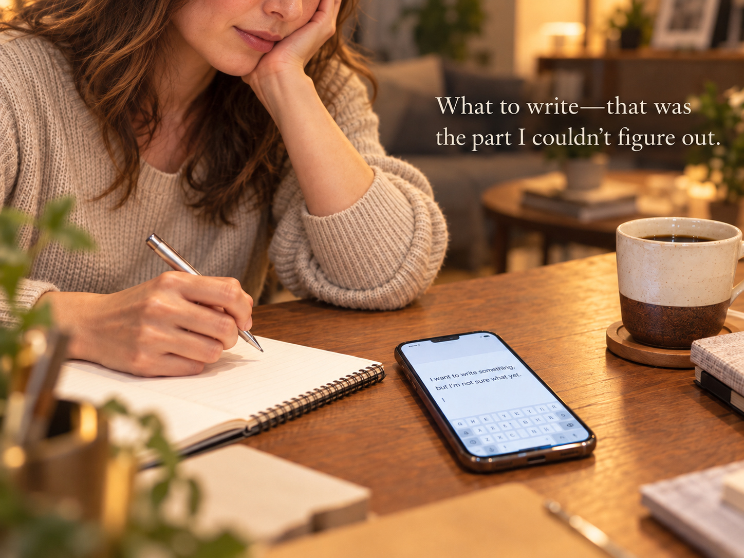 A woman considering what to write, with a smartphone and notebook on the table