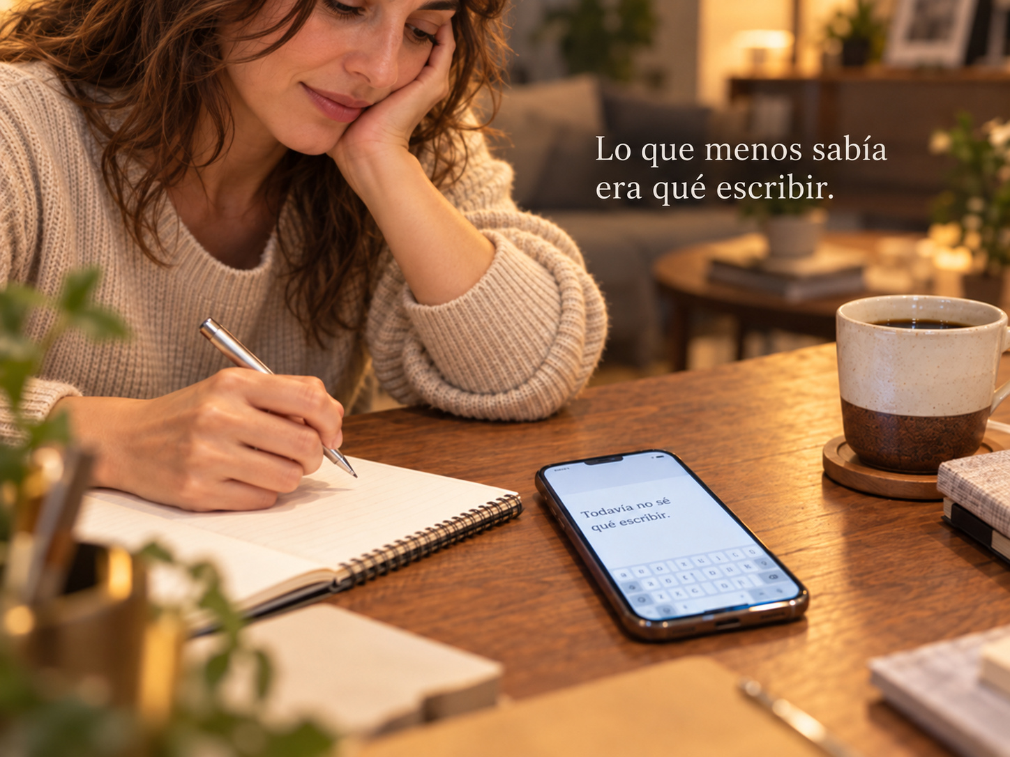 Una mujer piensa qué escribir en su primera consulta, con un móvil y un cuaderno sobre la mesa