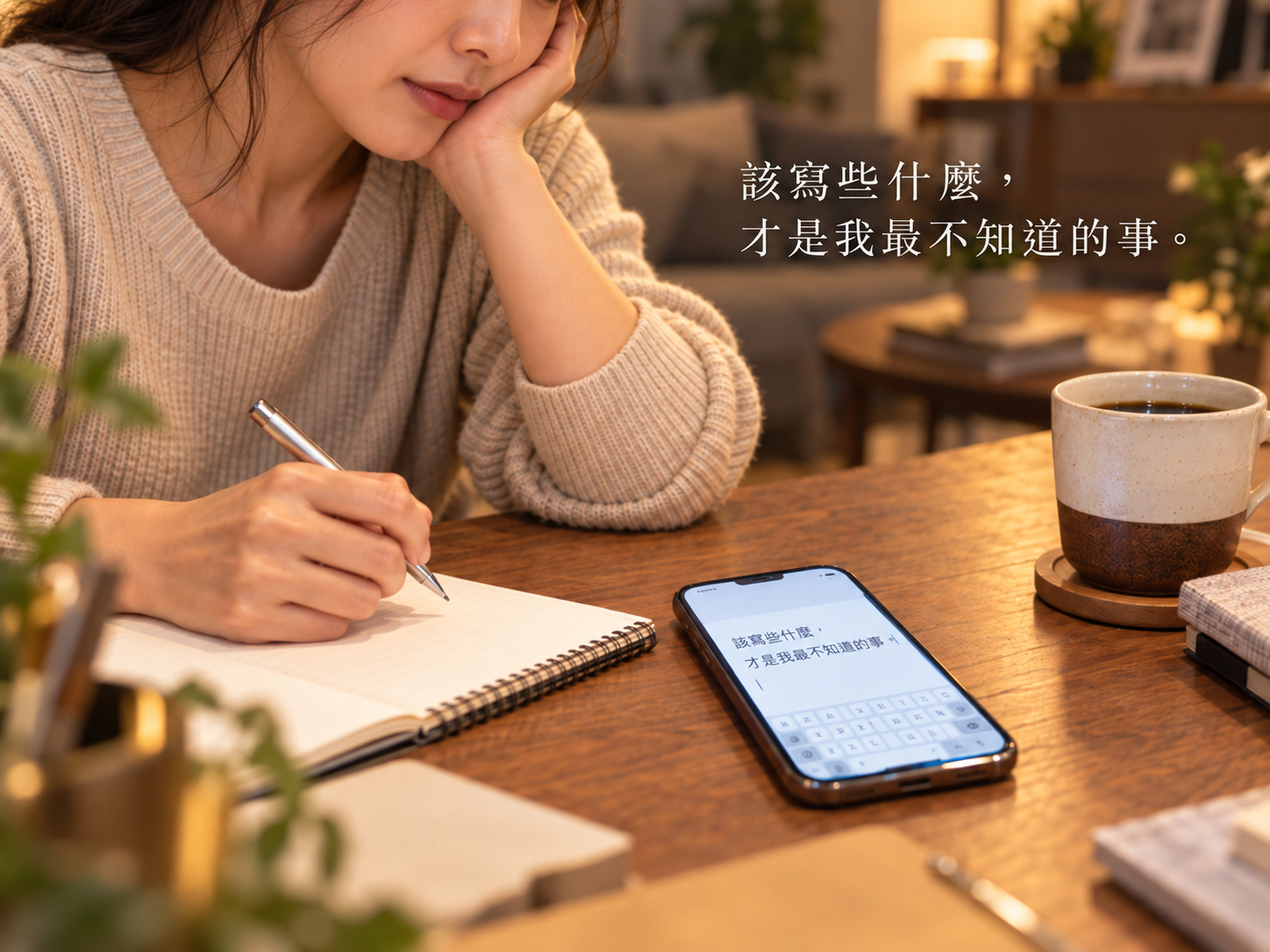一位女性坐在桌前，面對手機和筆記本，思考第一次詢問該寫些什麼