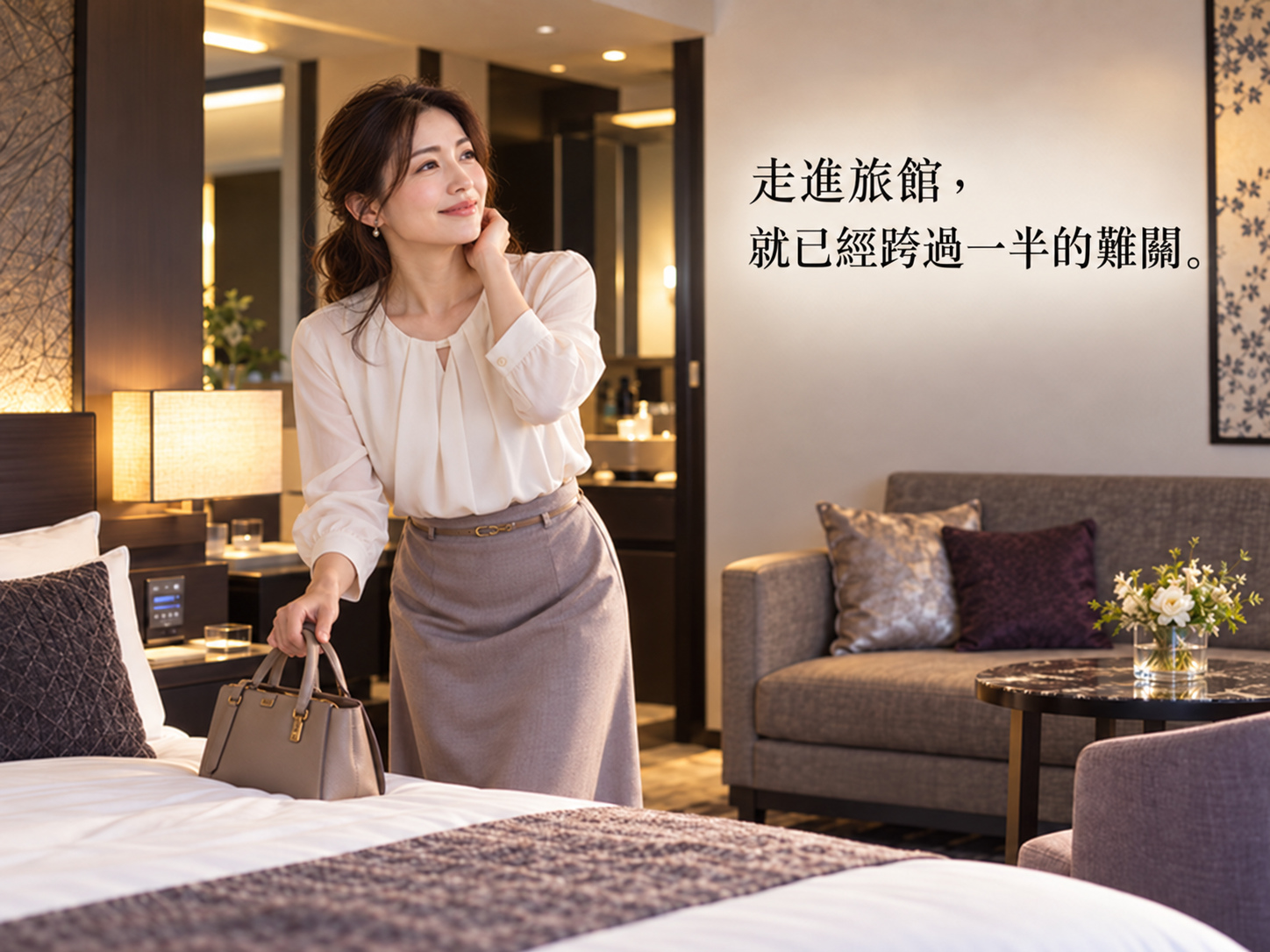 一位女性在旅館房間裡拿著手提包，露出放鬆的神情